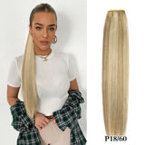 Straight Brazilian Remy human hair wrap-around ponytail extension in black, 100% human hair, 60–150g