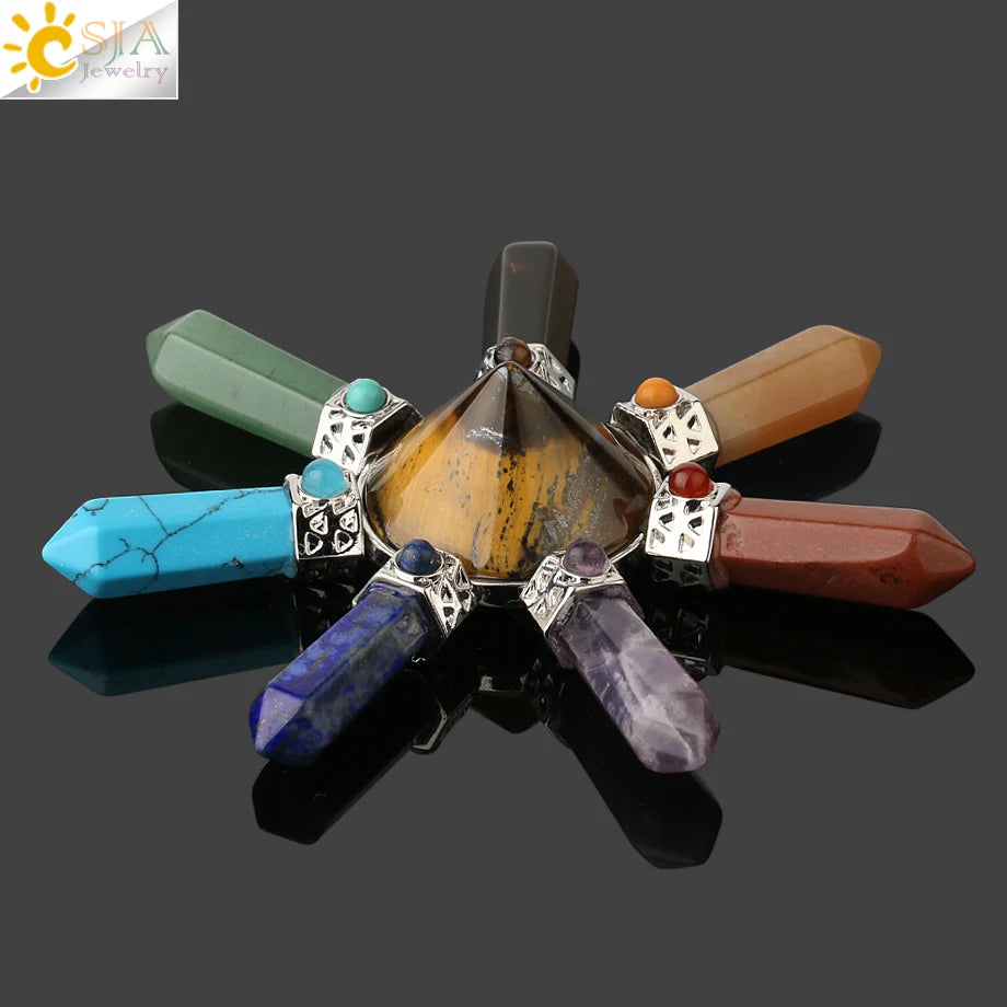 CSJA 7 Chakra Pyramid Decoration Healing Point Hexagonal Crystal Pillar Natural Stone Reiki Energy Meditation Jewelry Women G302