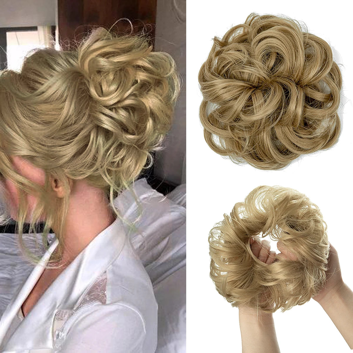 Synthetic messy curly hair bun extension scrunchie, elastic chignon donut updo hairpiece for women
