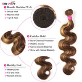 Honey blonde human hair bundles with 5x5 closure, body wave texture, ombre highlights, from HSF Marketplace.