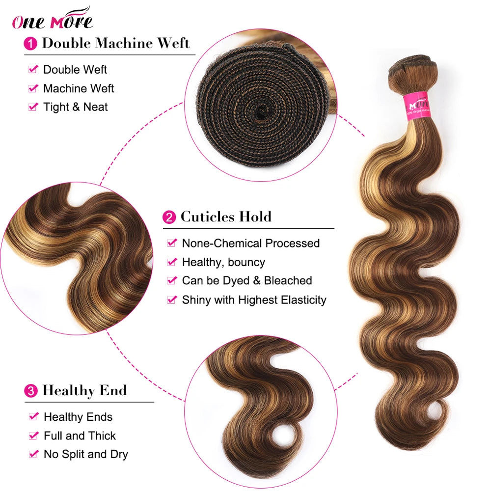 Honey blonde human hair bundles with 5x5 closure, body wave texture, ombre highlights, from HSF Marketplace.