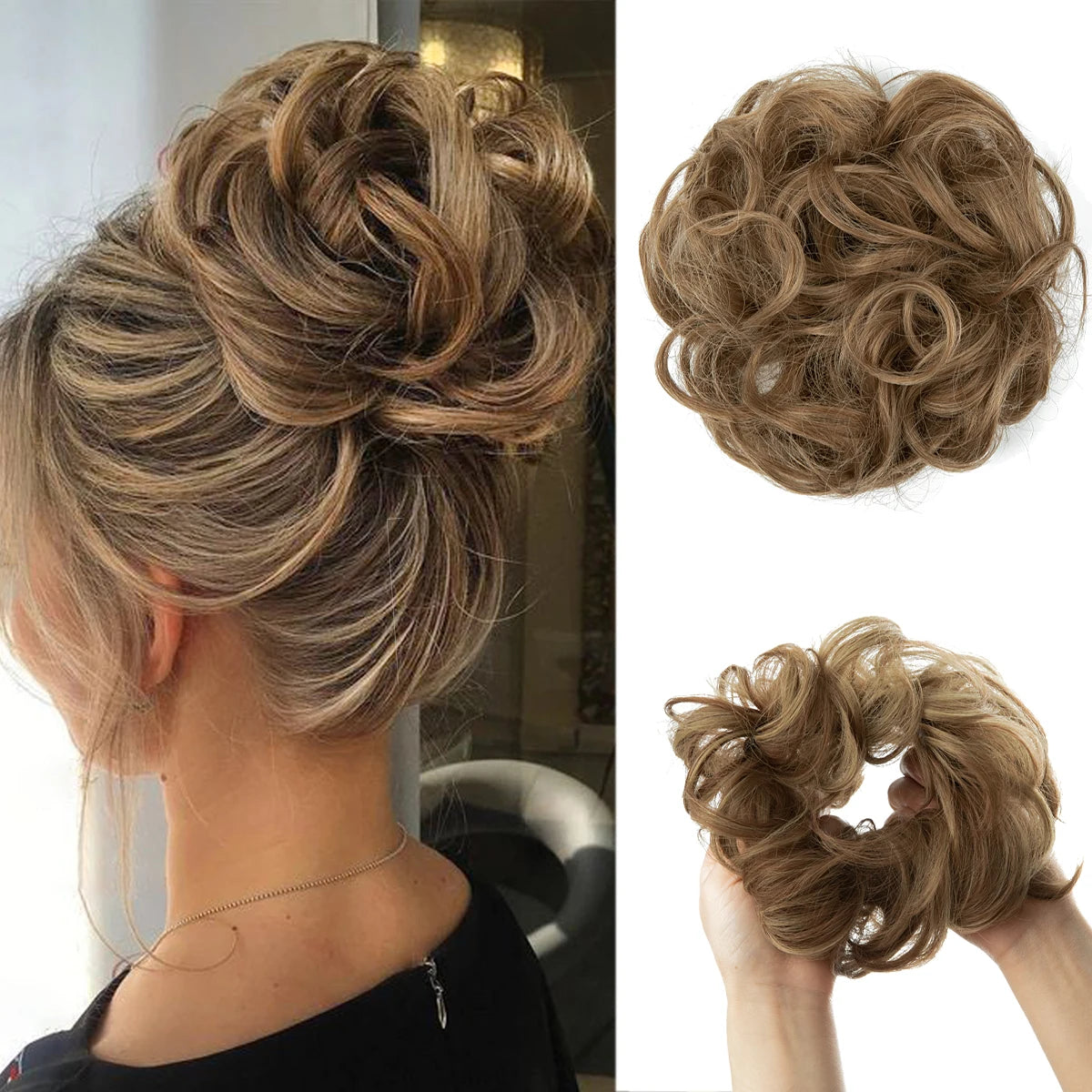 Messy curly synthetic hair bun extension scrunchie chignon donut updo hairpiece for women