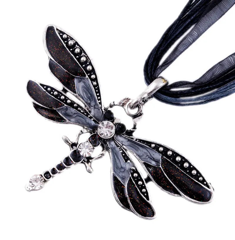 HSF Marketplace Crystal Dragonfly pendant necklace with ribbon detail, casual jewelry for women, elegant gift for 2024