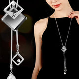 Fashion geometric crystal pendant necklace for women, featuring long pearl choker jewelry with modern statement design.