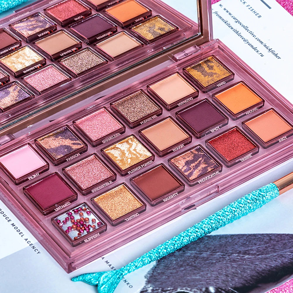 18-color pomegranate-themed eyeshadow palette with shimmer and matte shades, waterproof makeup palette viewed open