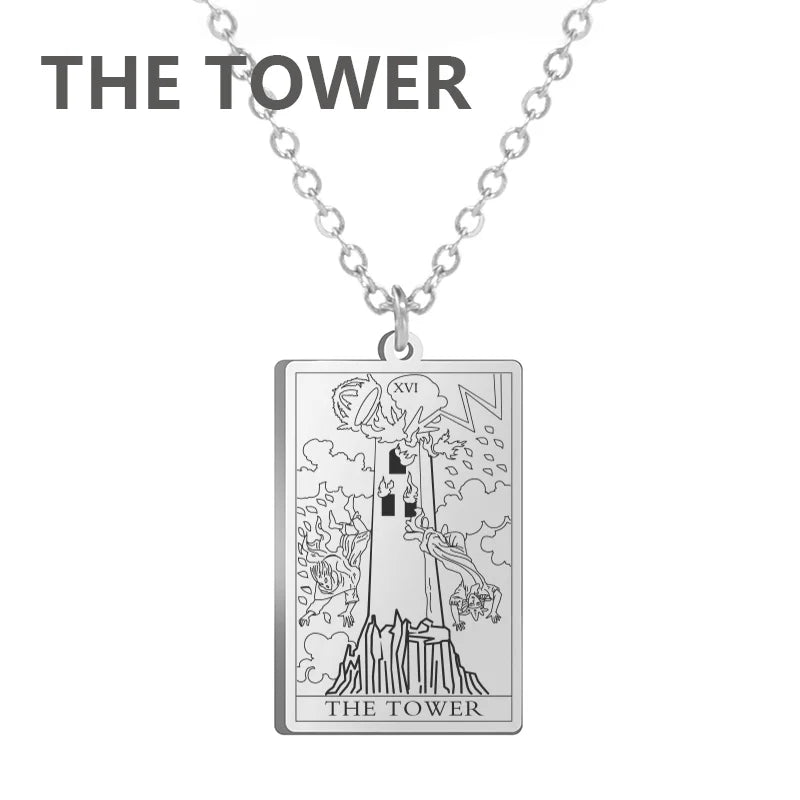 Dawapara Tarot Cards necklace for women featuring stainless steel chain and Major Arcana tarot card charm jewelry.