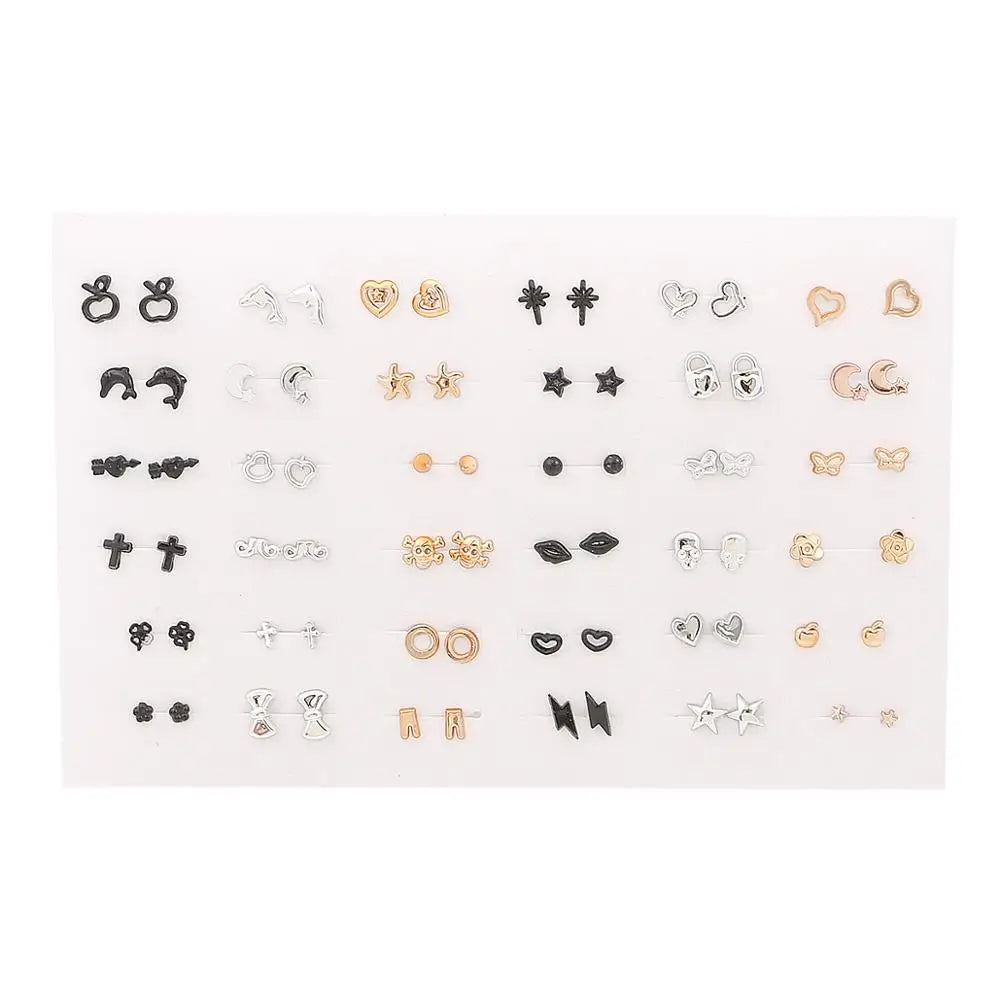 HSF Marketplace multicolor crystal cartoon star and moon hypoallergenic plastic stud earrings set, 36/18 pairs
