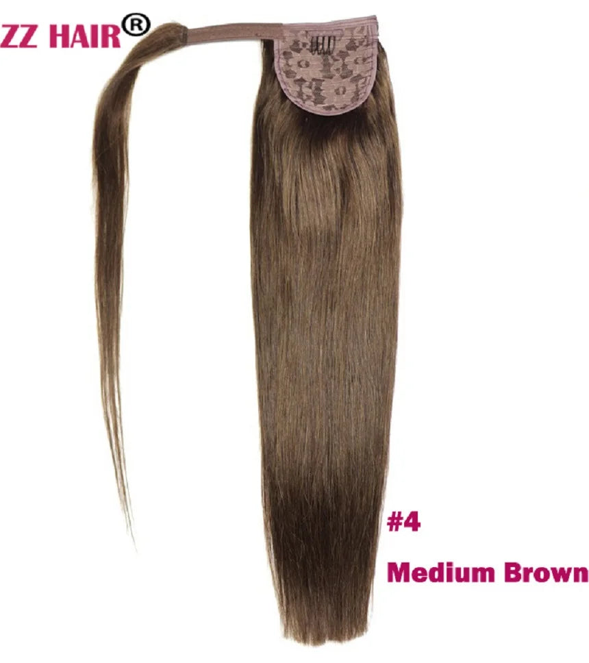 ZZHAIR straight 100% human hair wrap-around ponytail extension, machine-made Remy clip-in, 16–28 inches