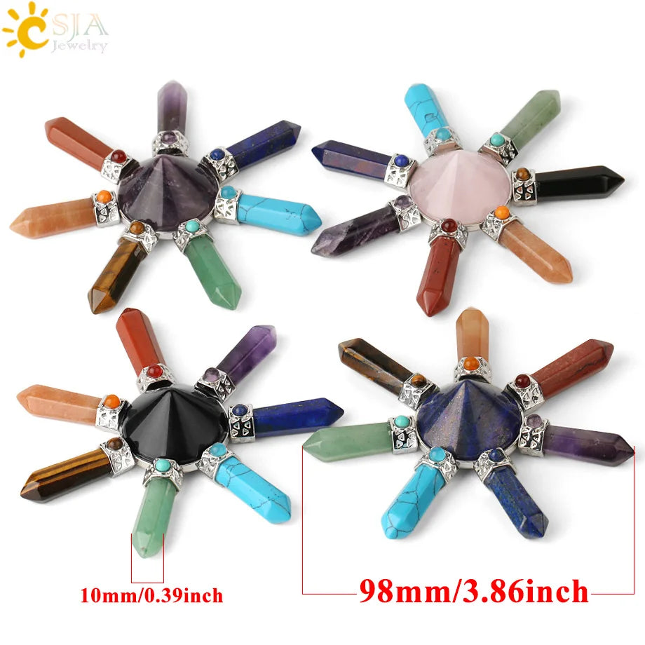 CSJA 7 Chakra Pyramid Decoration Healing Point Hexagonal Crystal Pillar Natural Stone Reiki Energy Meditation Jewelry Women G302