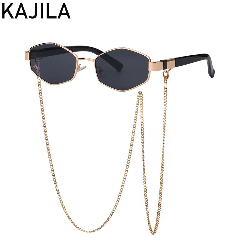 Small frame hexagon sunglasses for women with chain, luxury brand HSF Marketplace designer punk sun shades, fashionable ladies sunglasses.