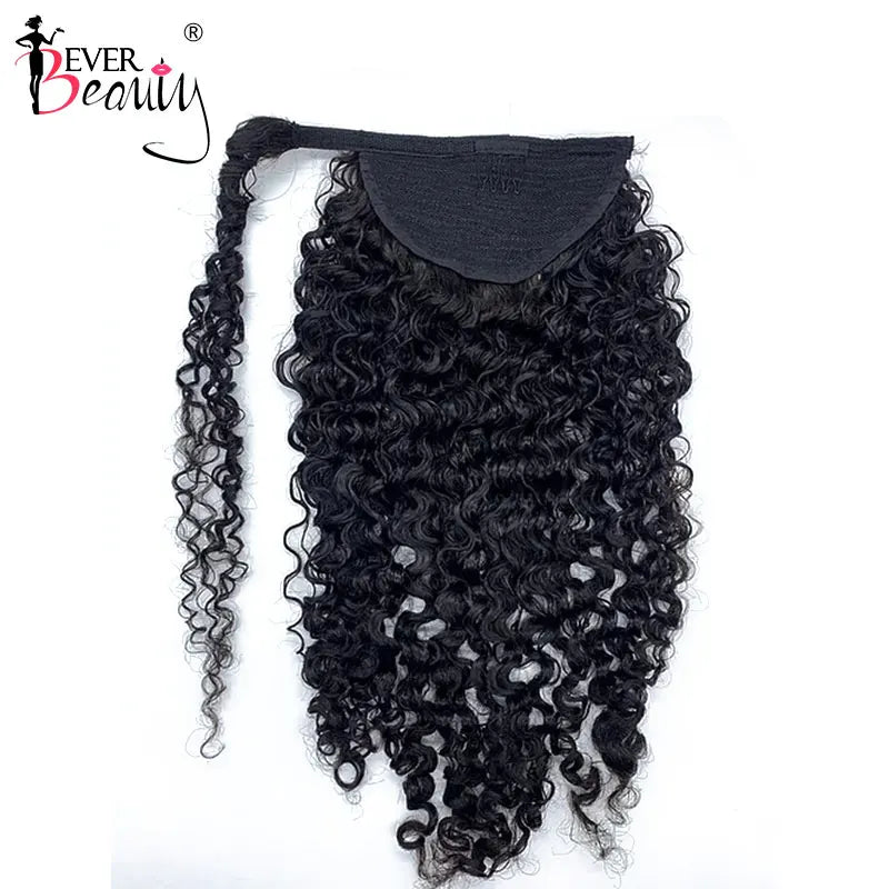 3B 3C Brazilian kinky curly human hair wrap-around drawstring ponytail clip-in extensions by Ever Beauty Remy
