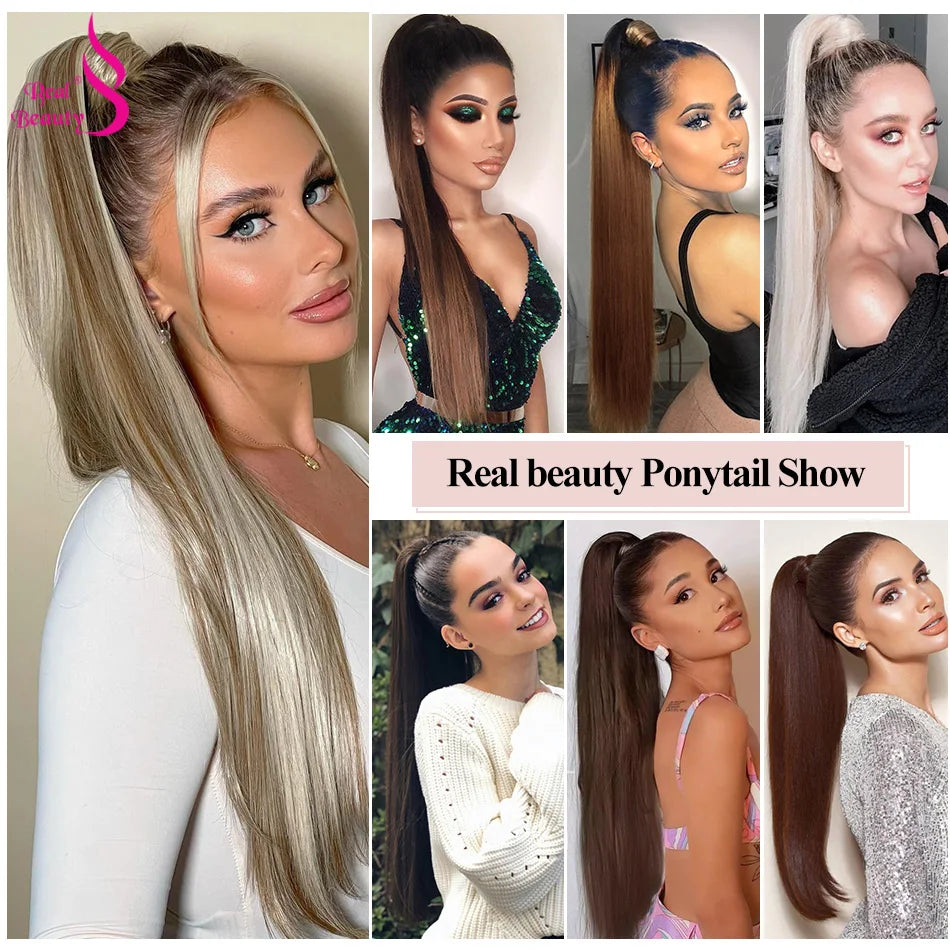 Brazilian Remy human hair clip-in ponytail extension, thick straight wrap-around hairpiece, 30–75cm