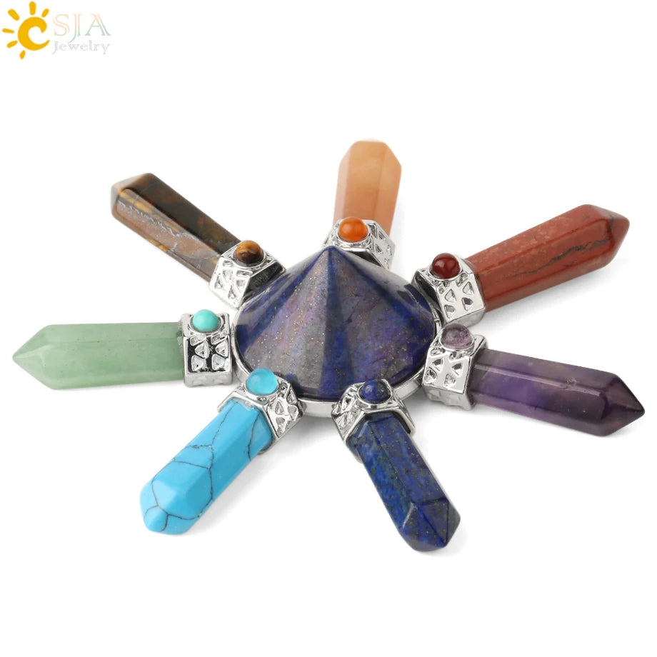 CSJA 7 Chakra Pyramid Decoration Healing Point Hexagonal Crystal Pillar Natural Stone Reiki Energy Meditation Jewelry Women G302