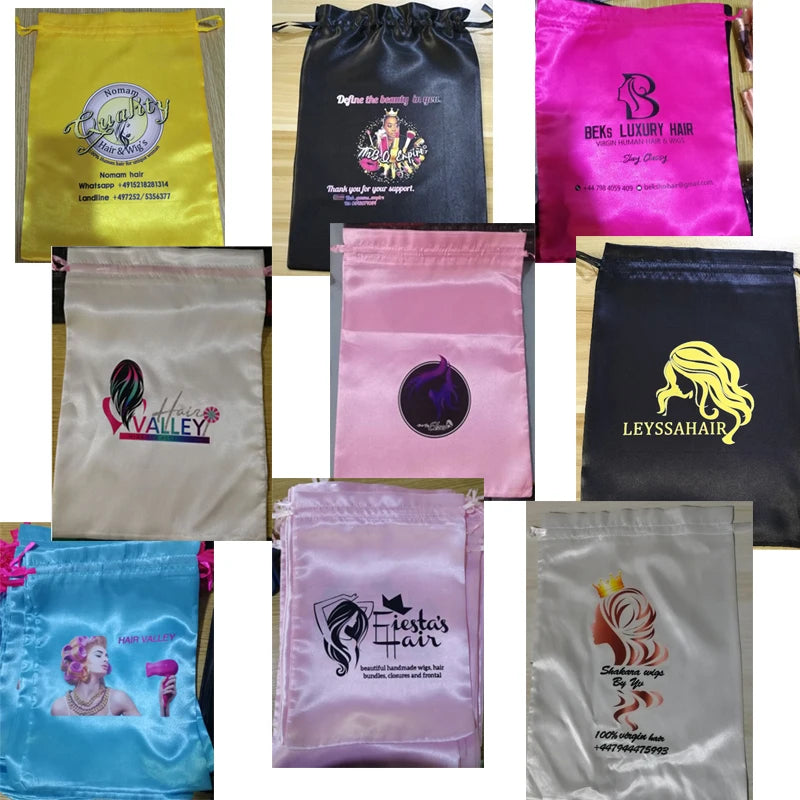 Silk wig storage bags by HSF Marketplace, drawstring satin bags for hair extensions and wig bundles, wholesale hair packaging.