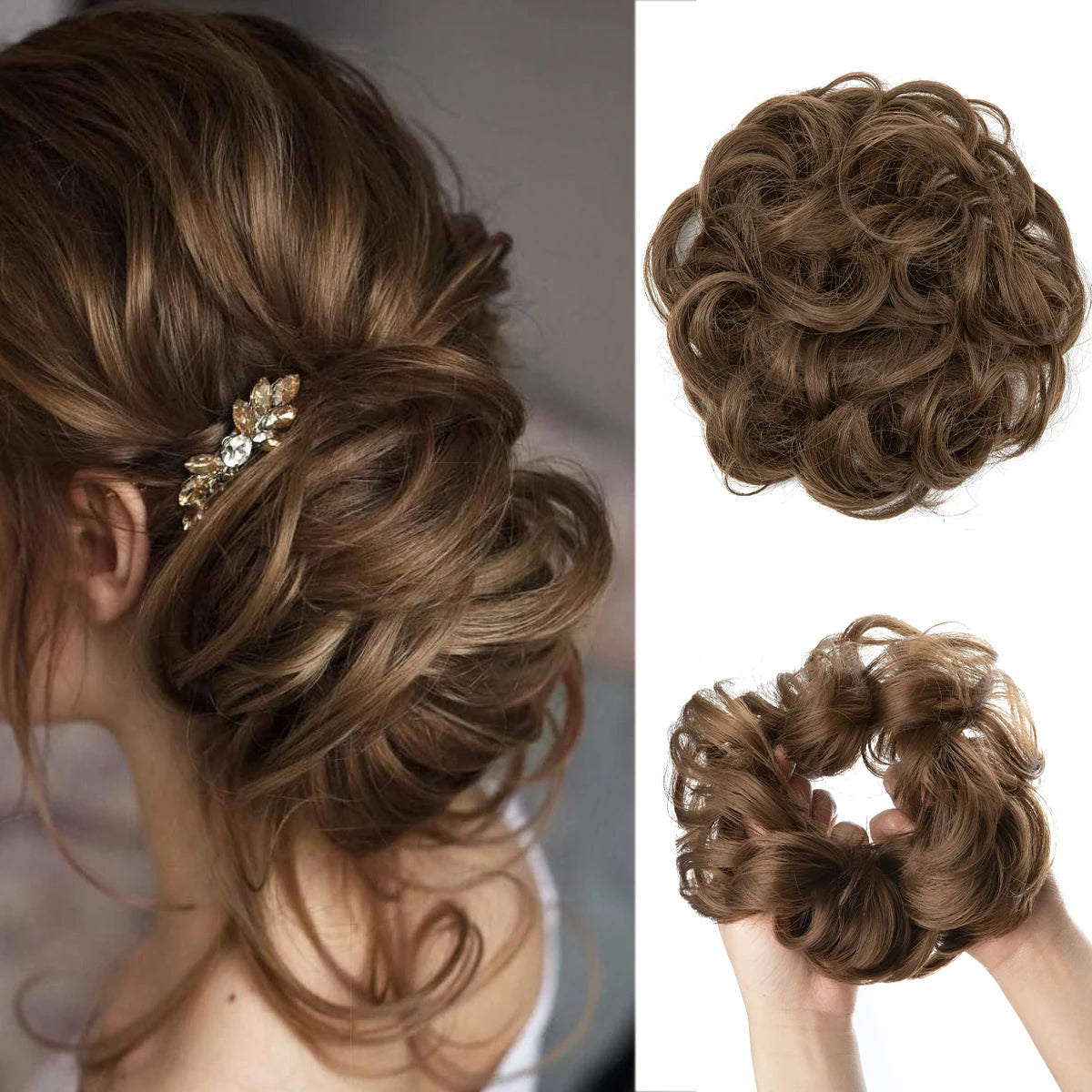 Synthetic messy curly hair bun extension scrunchie chignon donut updo hairpiece for women