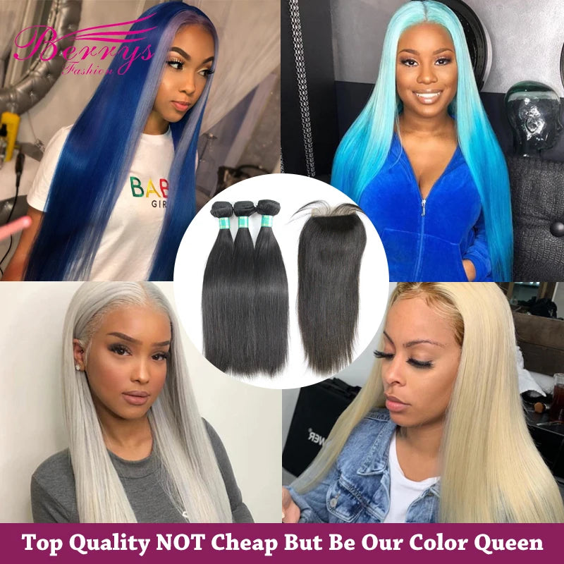 Berrys Fashion Straight 3 Bundles With 6x6 Lace Closure Brazilian Virgin Hair 10-28in Nature Color 100% Human Hair 5x5 Lace