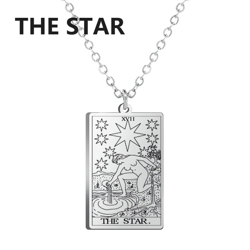 Stainless steel Dawapara Tarot Cards Necklace for women featuring Major Arcana charms, divination jewelry, and wealth amulet design.