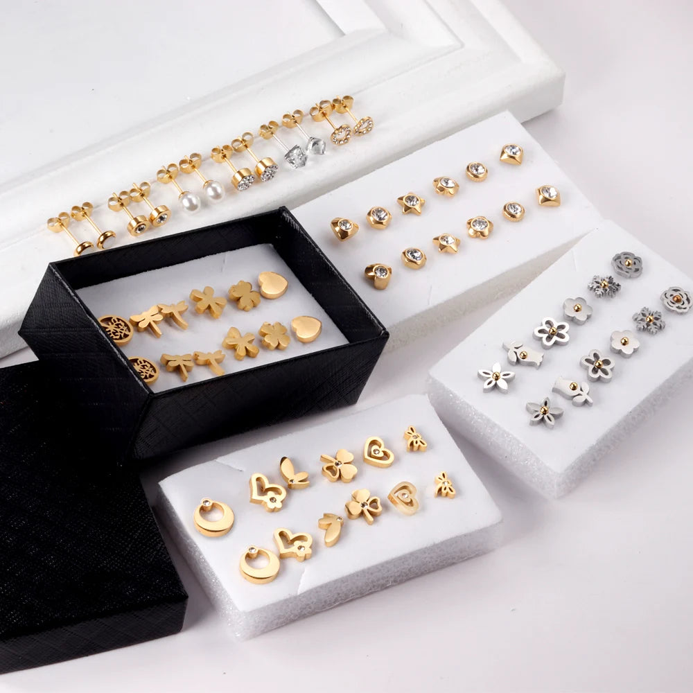 Vintage women's stud earrings set, 6 pairs in gold and silver tones by HSF Marketplace