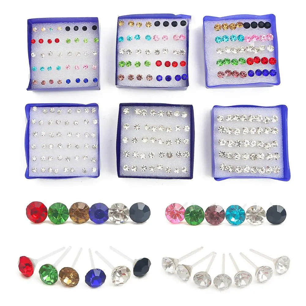 20-pair set colorful crystal stud earrings, 3–6mm simple plastic piercing earrings for women by HSF Marketplace