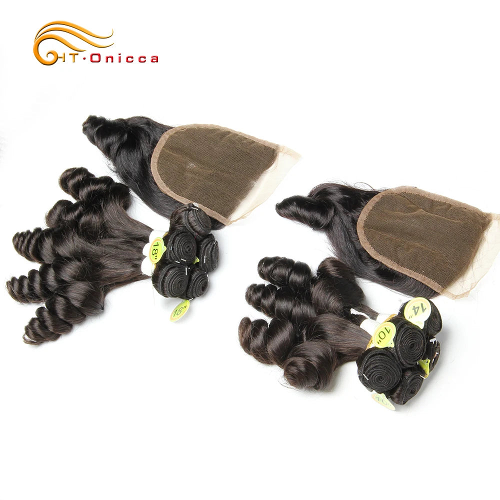 Hair Extensions Curly Hair Bundles With Closure Funmi Hair 5Pcs with Closure Remy Human Hair Weaves Peruvian Loose Wave Bundles