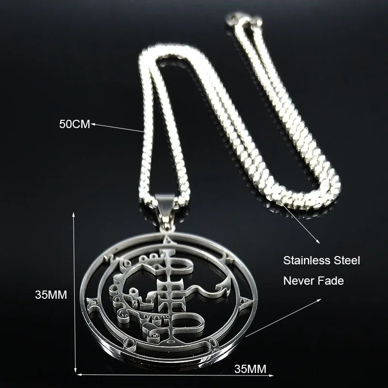 Stainless steel Satan necklace featuring Sigil De Lucifer, Baphomet stamp chain jewelry with laser-etched Asmoday design.