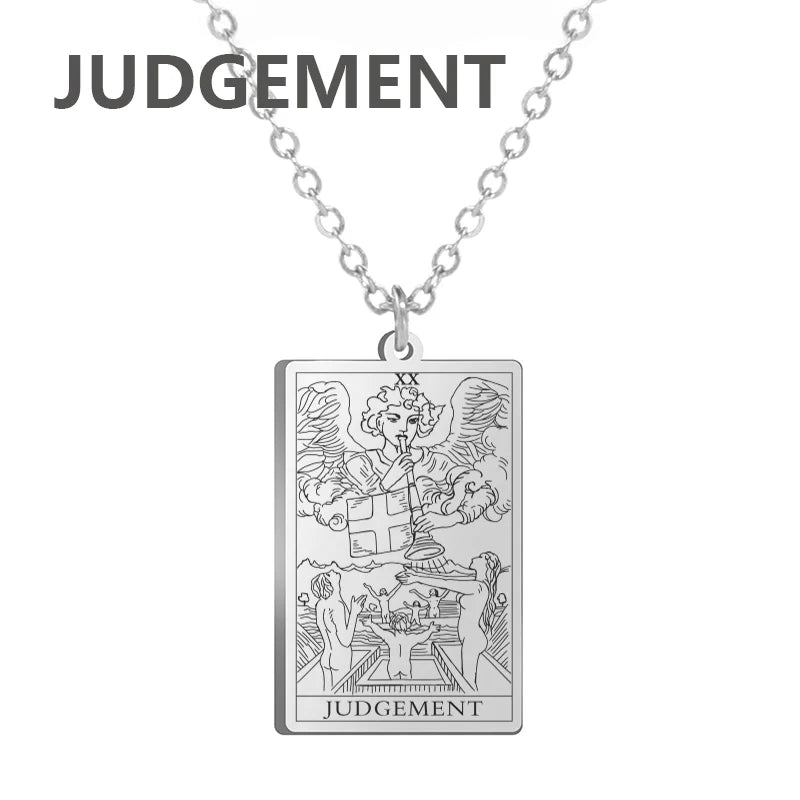 Stainless steel Dawapara Tarot Cards necklace featuring Major Arcana tarot symbols, women's jewelry with wealth amulet charm.