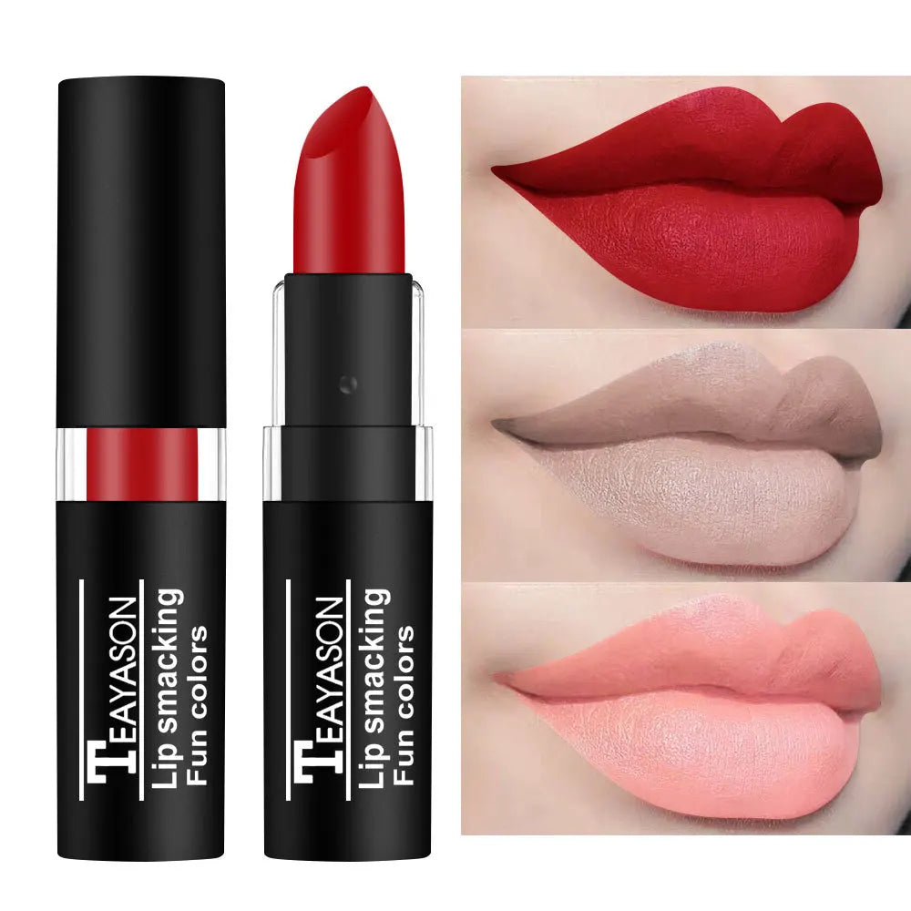Set of 12 waterproof, long-lasting lipsticks in vibrant shades including red, blue, purple, green, and matte finishes.