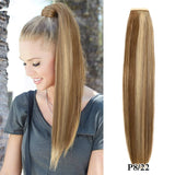 Straight Brazilian Remy human hair wrap-around ponytail extension in a sleek, natural-looking style