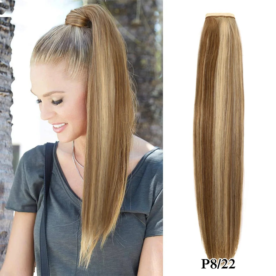 Real Beauty Brazilian Remy human hair clip-in ponytail, thick straight wrap-around hairpiece in brown tones