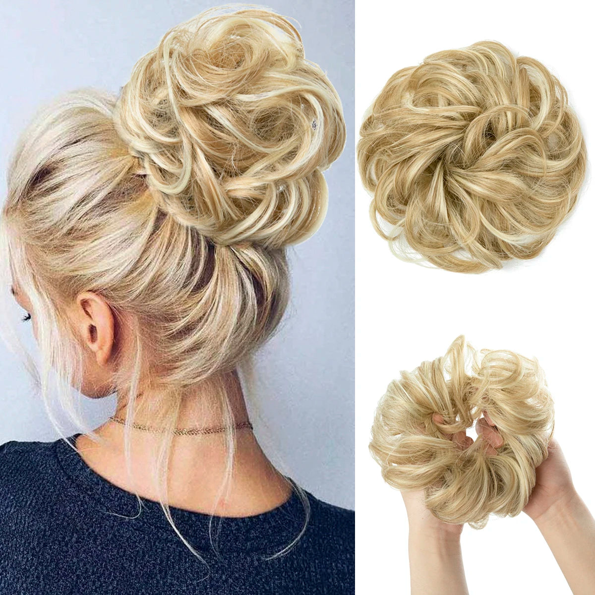 Synthetic messy curly hair bun extension scrunchie in a chignon donut updo style for women