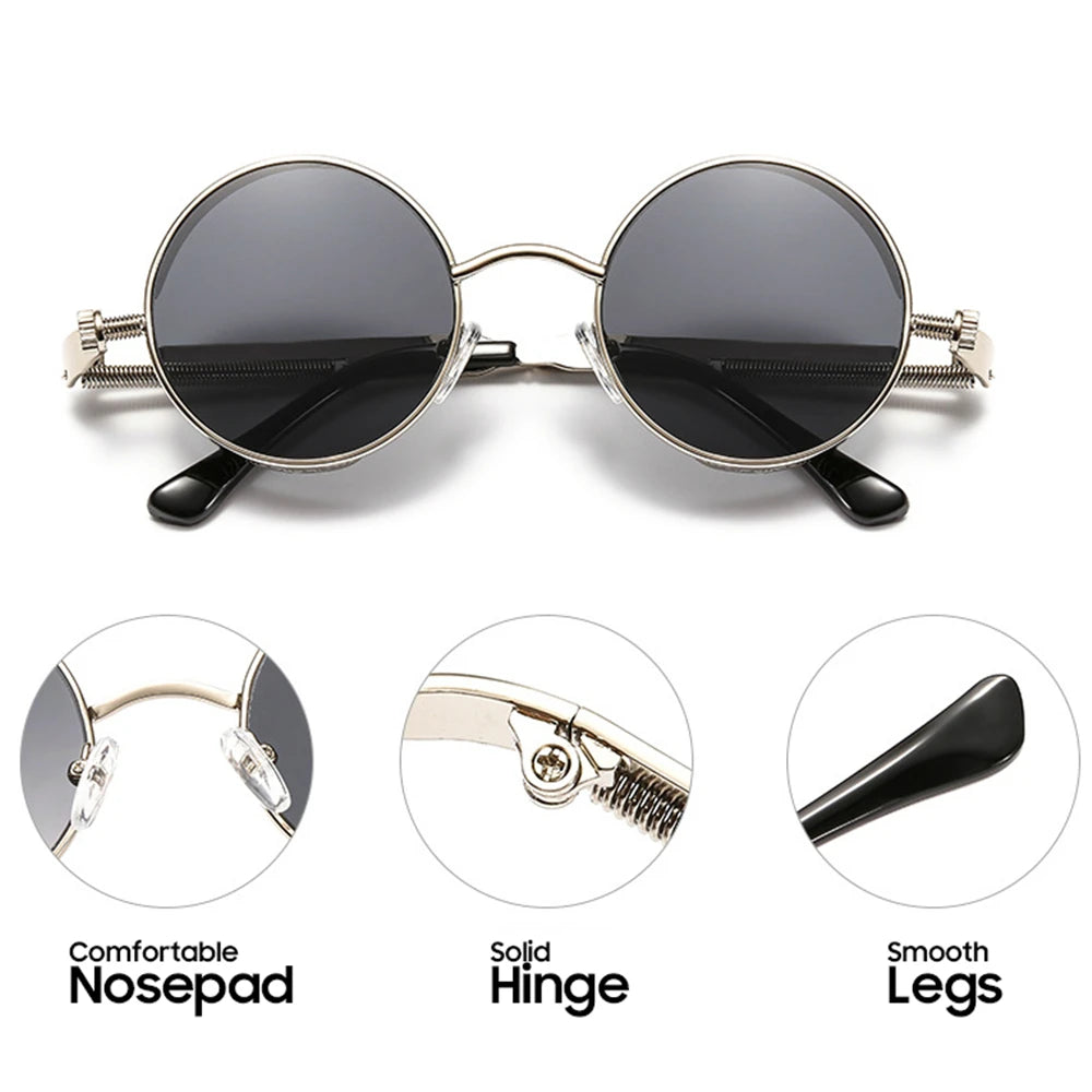 VIVIBEE vintage steampunk red sunglasses with round punk alloy metal frame for men and women, gothic style retro goggles.