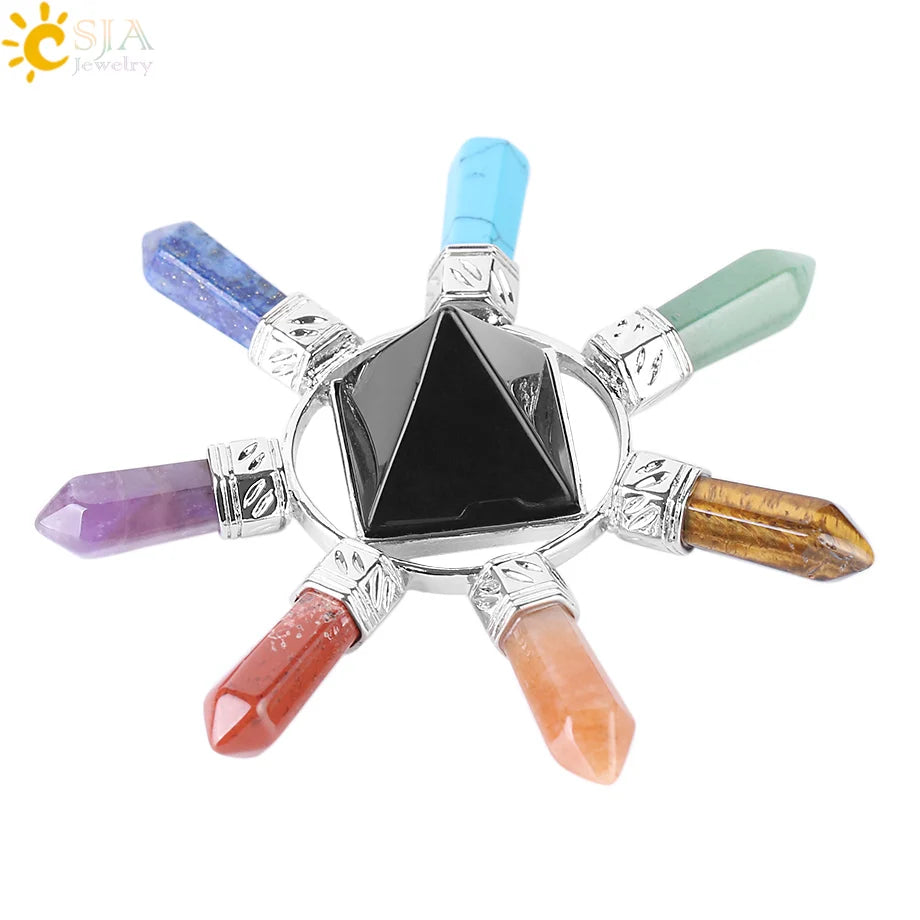 CSJA  7 Chakra Jewelry Energy Power Natural Stone Meditation Crystal Pyramid Hexagonal Prism for Men Women Yoga Healing F342