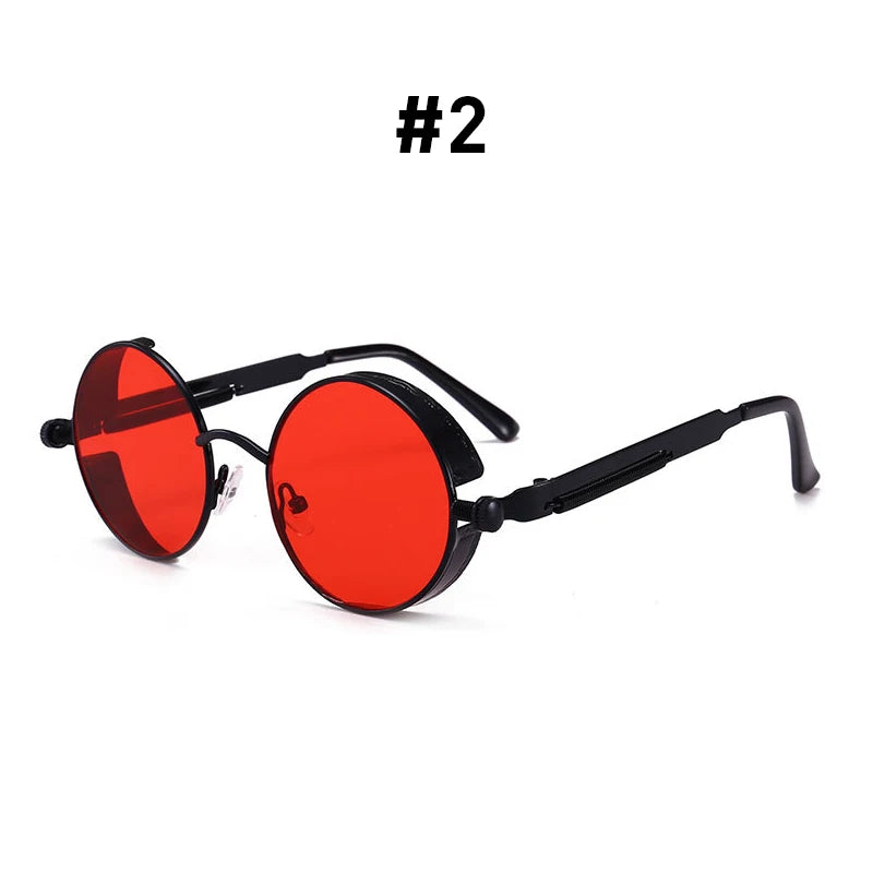 Vintage VIVIBEE steampunk red sunglasses with round punk alloy metal frames for men and women, Gothic style retro goggles.