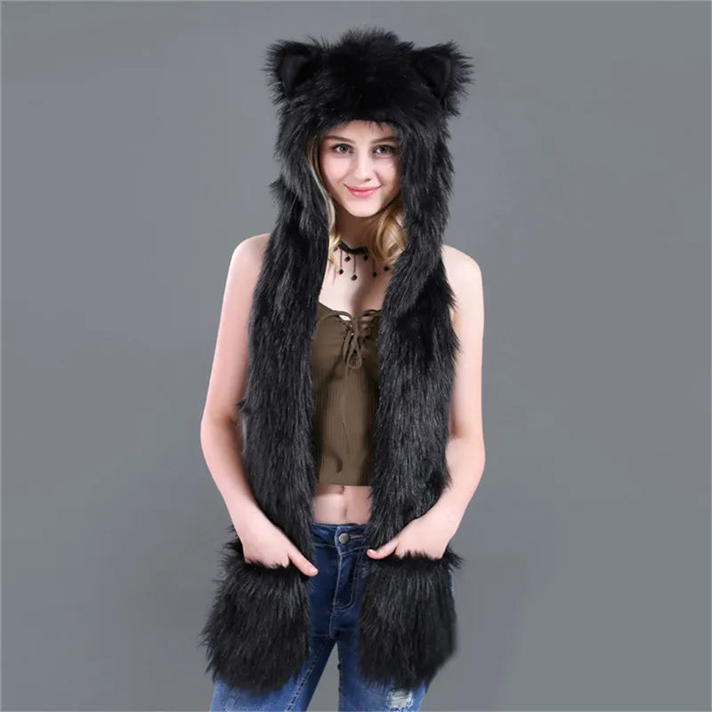 HSF Marketplace faux fur women’s winter scarf, hat and glove set in soft neutral tones
