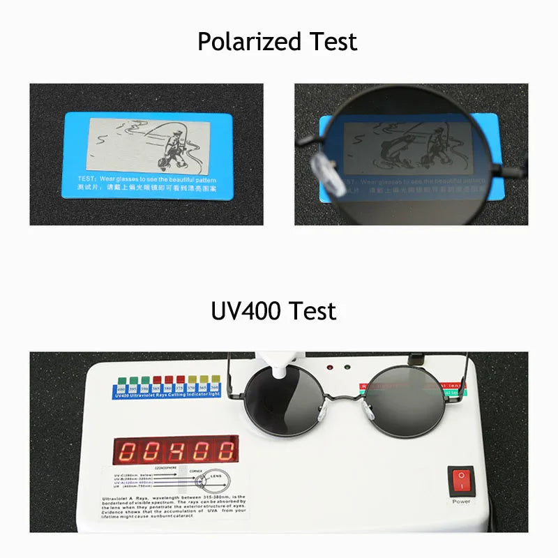 Retro vintage round polarized sunglasses for men and women with black lenses, alloy metal frame, UV400 protection, designer style.