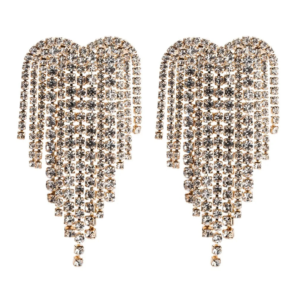 Heart chandelier earrings with rhinestones, elegant dangling jewelry for trendy style
