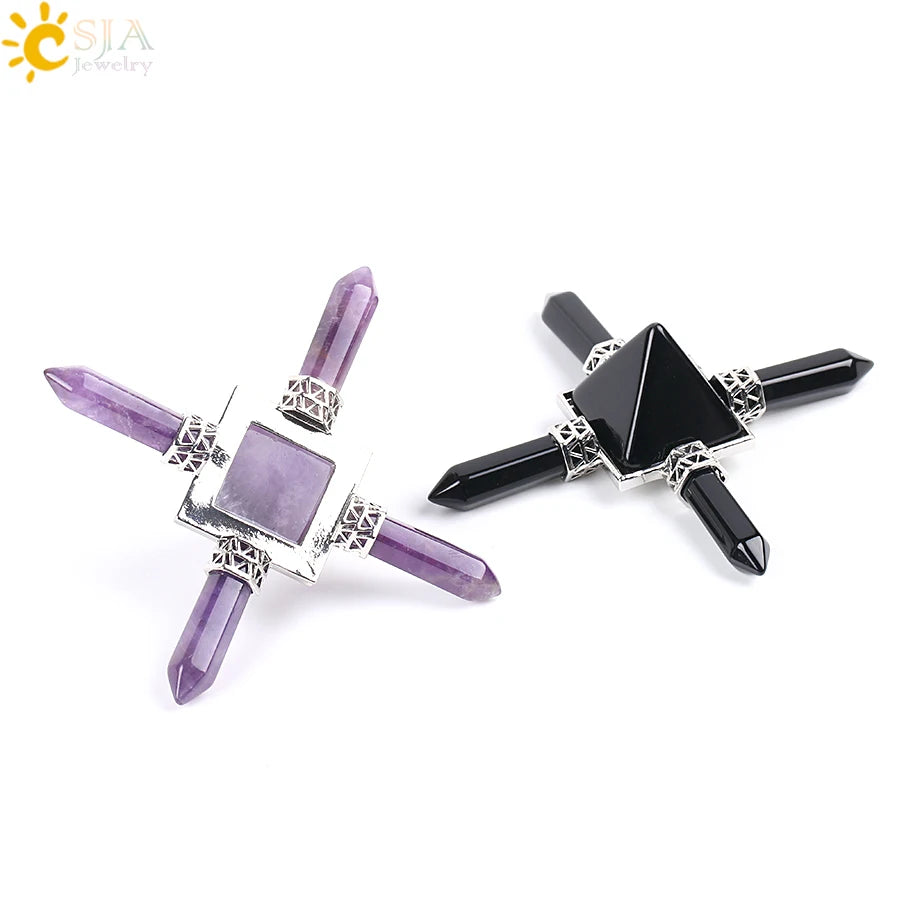 CSJA Reiki Healing Balance Indian Chakra 4 Point Pyramid Natural Gem Stone Energy Generator White Purple Crystal Obsidian E813