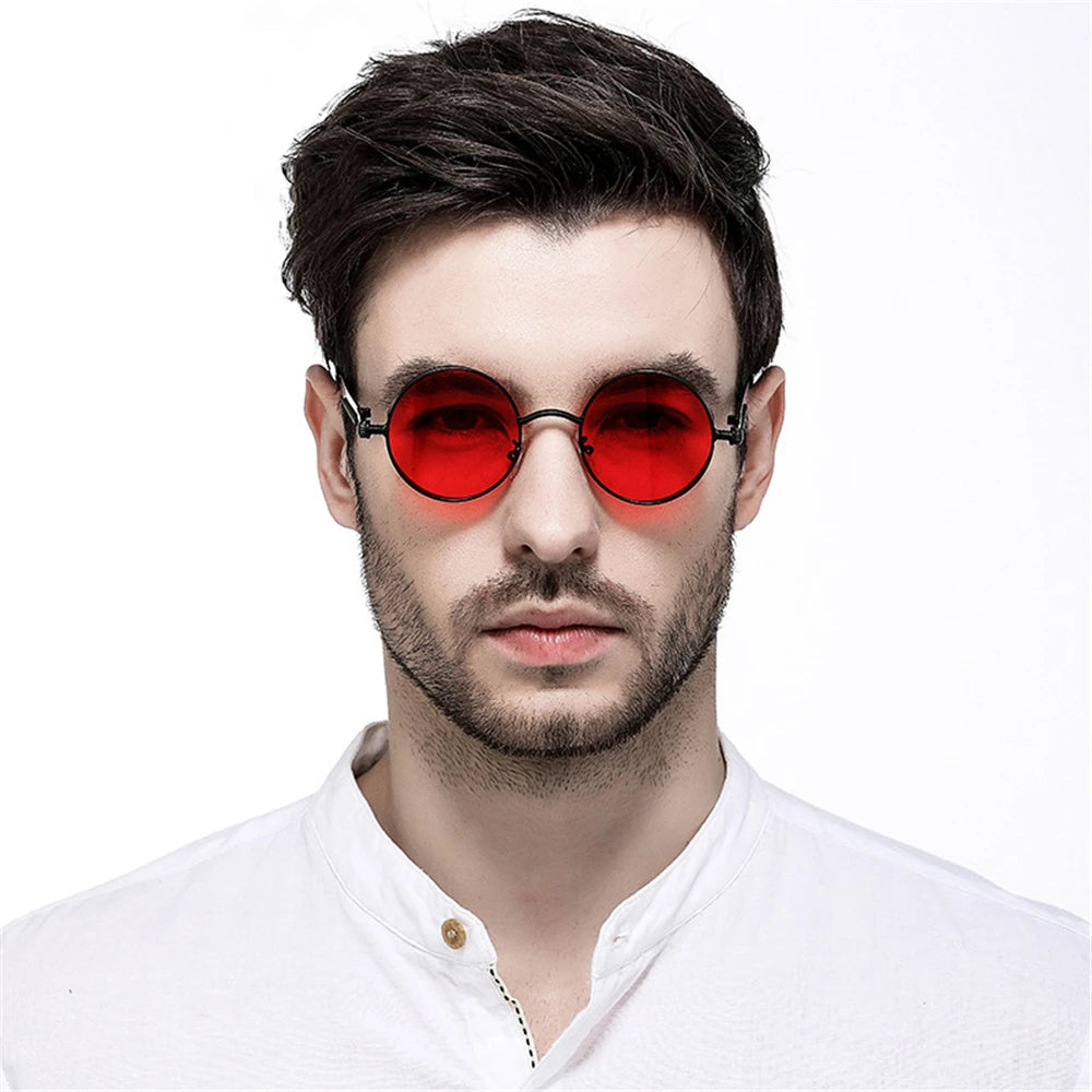 VIVIBEE vintage steampunk red sunglasses for men and women, round retro punk alloy metal goggles with gothic style shades.