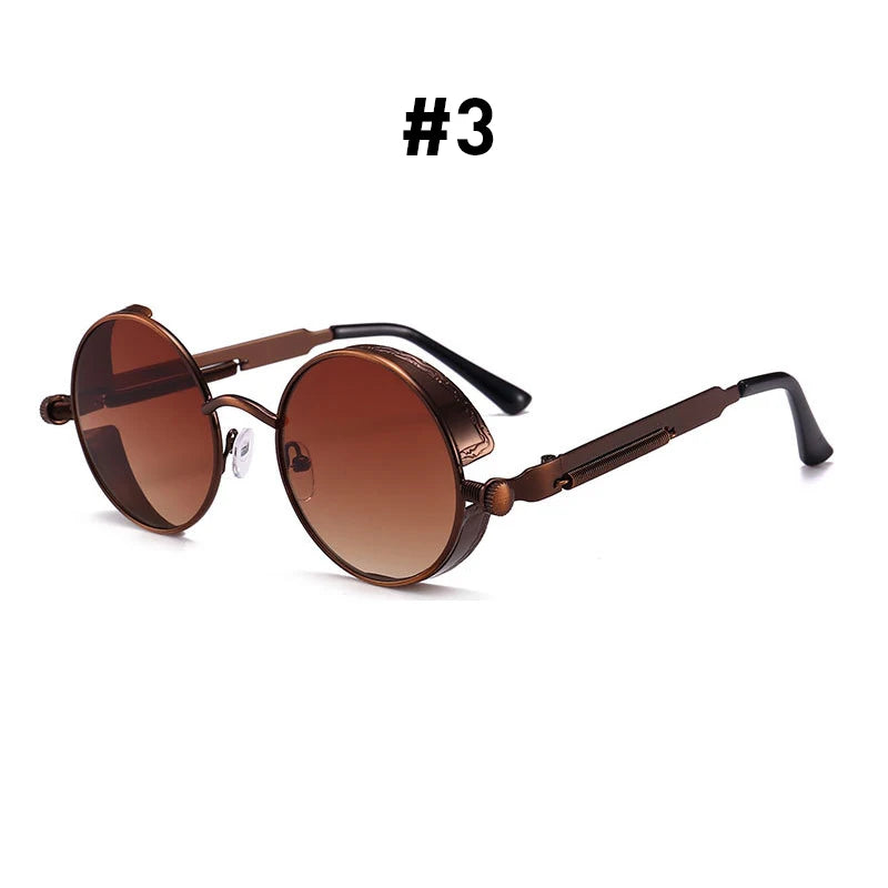 Vintage VIVIBEE steampunk red sunglasses with round punk alloy metal frames, retro gothic style for men and women.