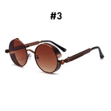 Vintage VIVIBEE steampunk red sunglasses with round punk alloy metal frames, retro gothic style for men and women.