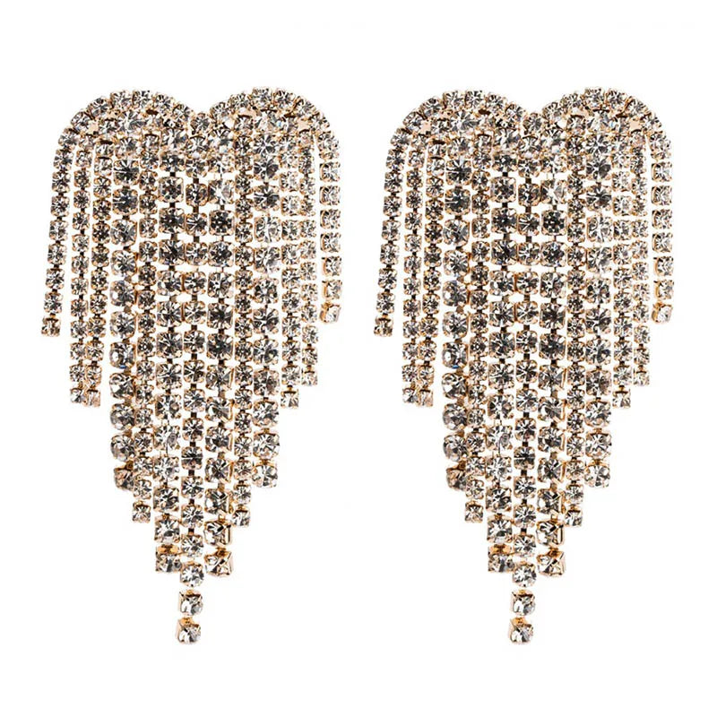 Heart chandelier earrings with sparkling rhinestones, elegant dangling jewelry by HSF Marketplace