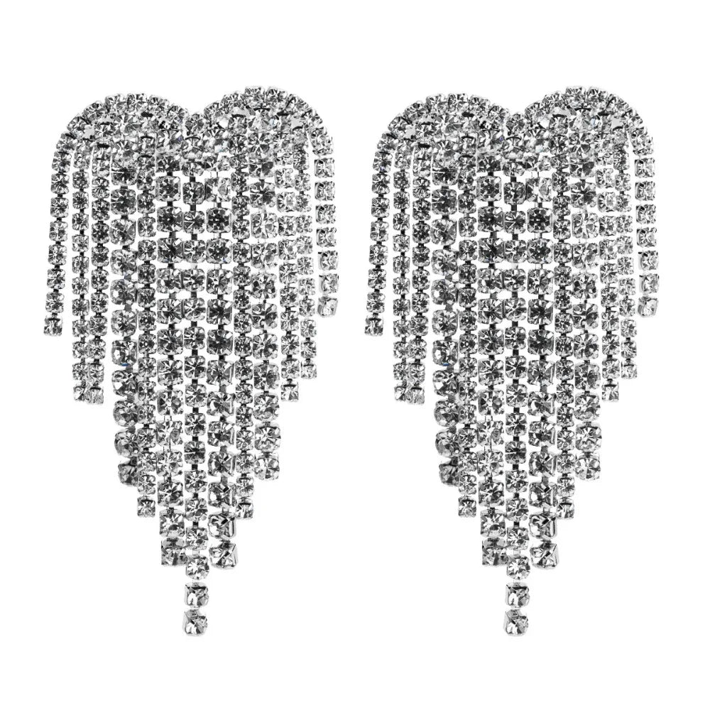 Heart chandelier earrings with sparkling rhinestones, dangling jewelry design in a trendy style
