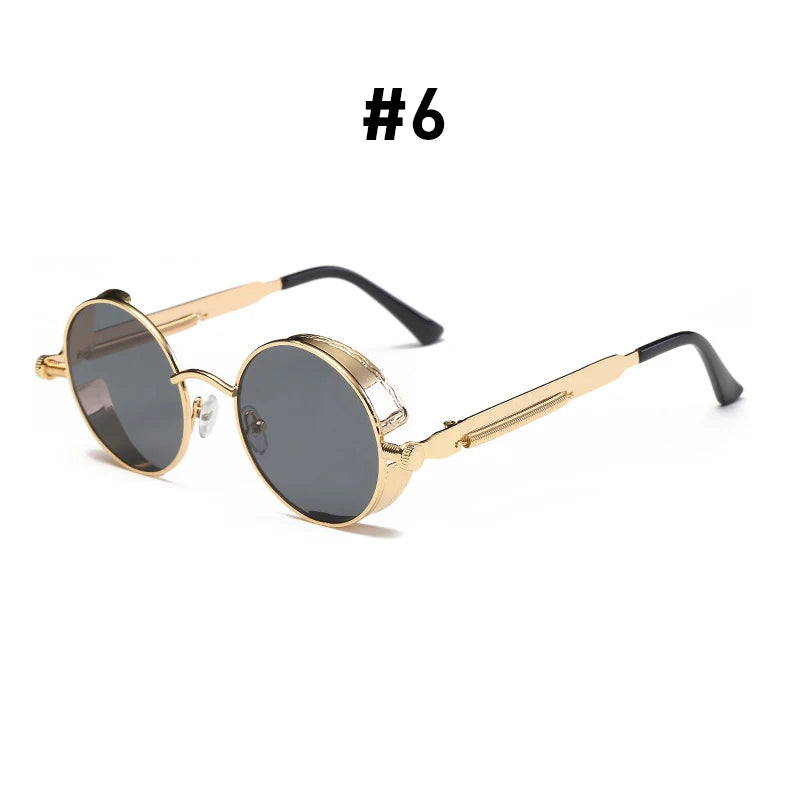 Vintage steampunk red sunglasses by HSF Marketplace, round metal frame, gothic style goggles for men and women.
