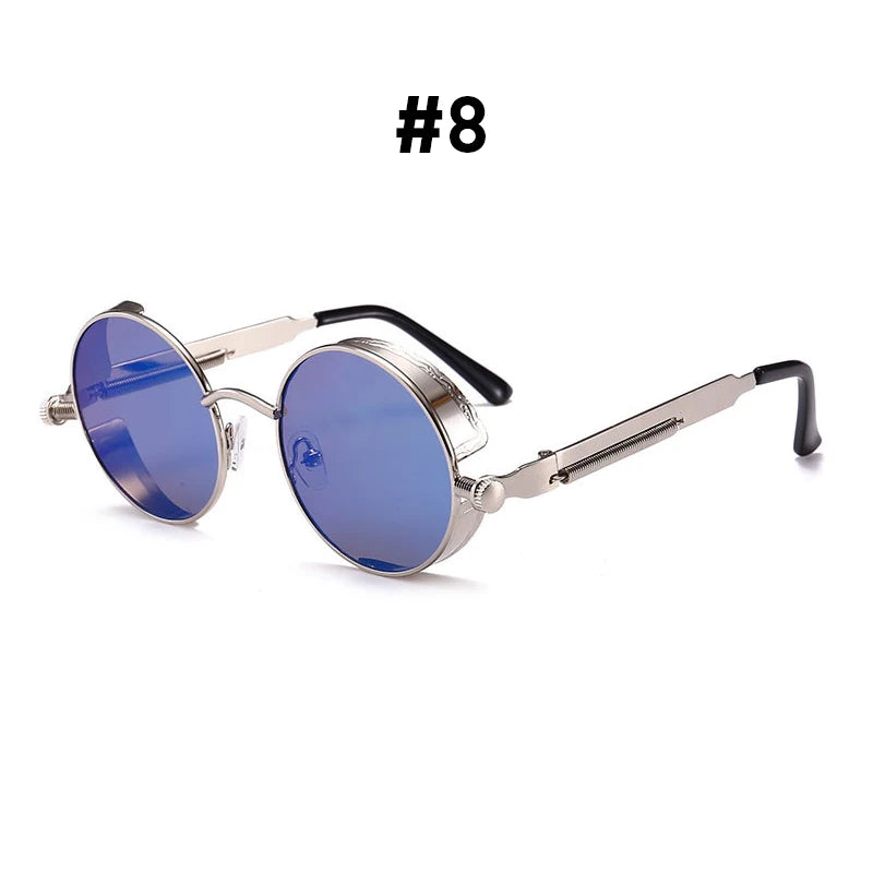 Vintage steampunk red sunglasses with round metal frames, designed for men and women, featuring gothic style and retro punk aesthetics.