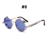 Vintage steampunk red sunglasses with round metal frames, designed for men and women, featuring gothic style and retro punk aesthetics.