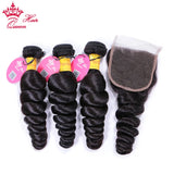 Queen Hair Products Peruvian Loose Wave Raw Hair Bundles With Closure Natural Color Bundles Virgin Human Hair with Lace Closure