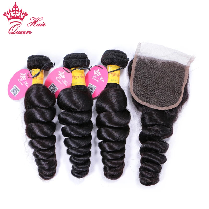 Queen Hair Products Peruvian Loose Wave Raw Hair Bundles With Closure Natural Color Bundles Virgin Human Hair with Lace Closure