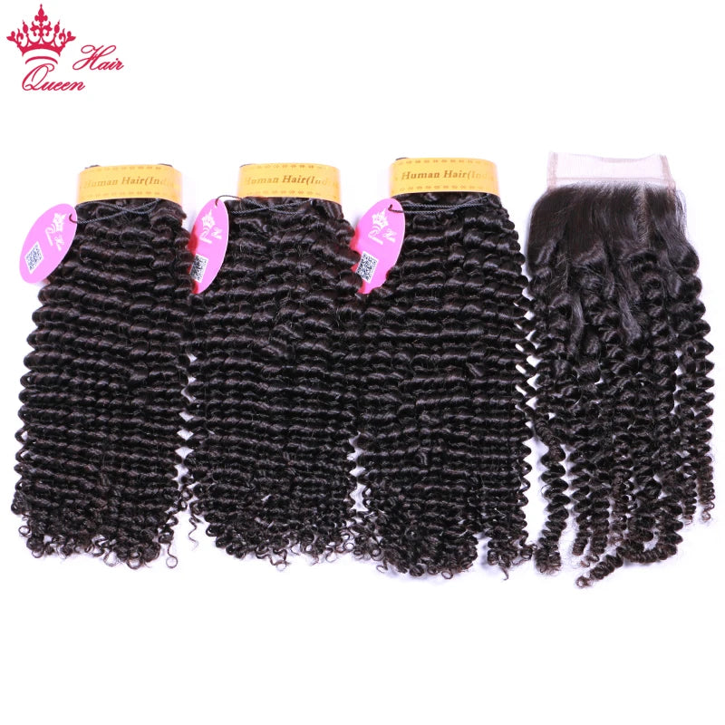 Queen Hair Products Extension 100% Virgin Human Raw Hair Weave Bundles With Closure Indian Kinky Curly Bundles With Lace Closure