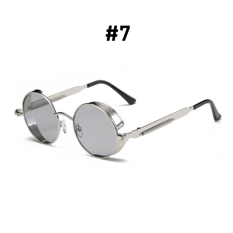 VIVIBEE vintage steampunk red sunglasses with round punk alloy metal design for men and women, gothic style retro sun glasses.