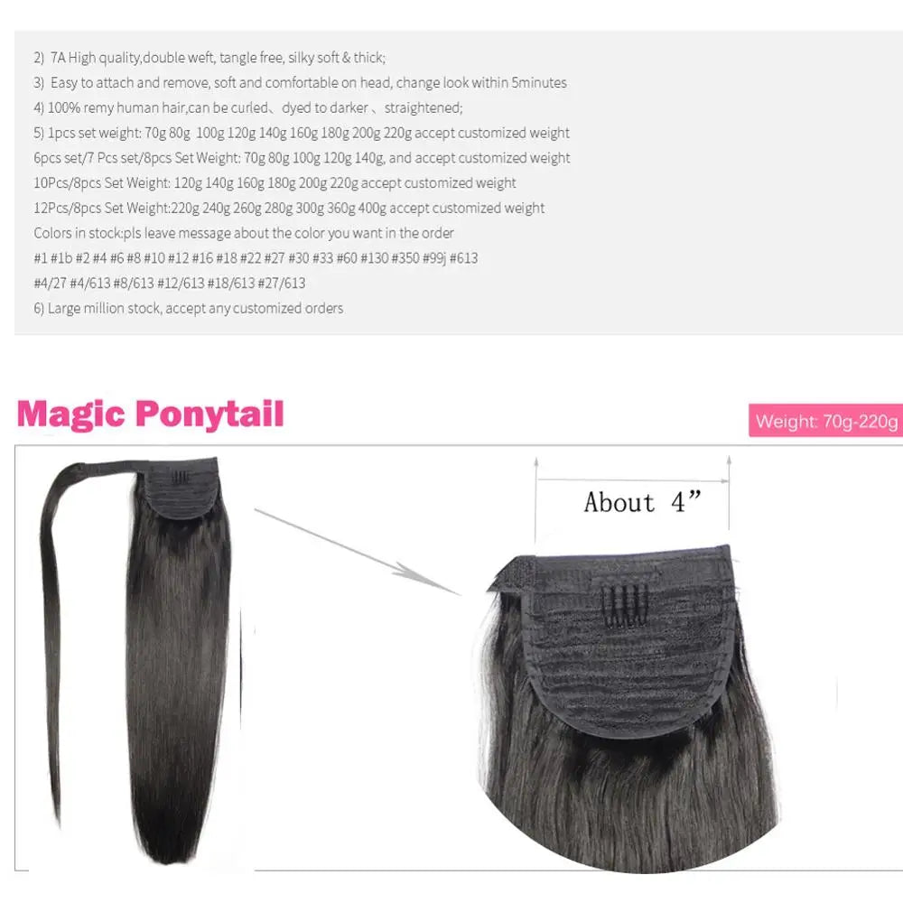 ZZHAIR Remy human hair wrap-around ponytail extension, straight machine-made clip-in style 16-28 inches